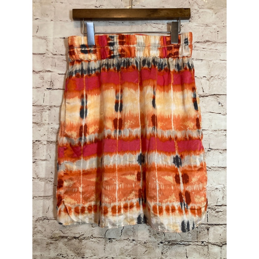 Banana Republic Silk Skirt Womens 8 Orange Watercolor Ikat Artsy Elastic Waist